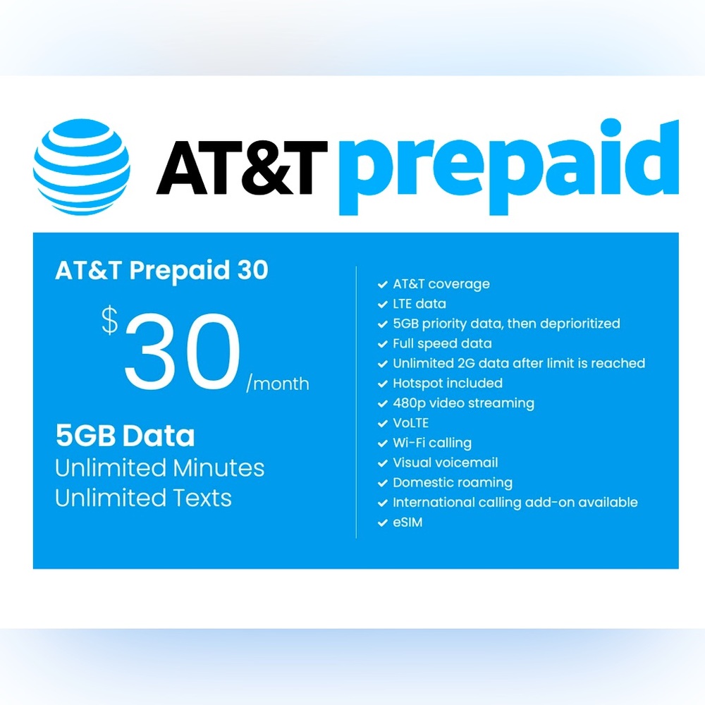 AT&T $30 Prepaid Service for 30 days - eSim Activation instantly - No Waiting !